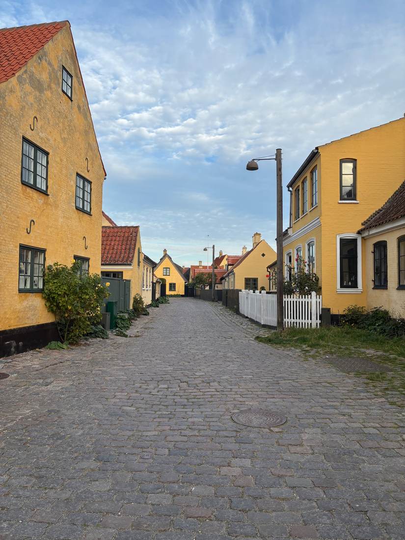 Stille brostensgade med gule huse i Dragør